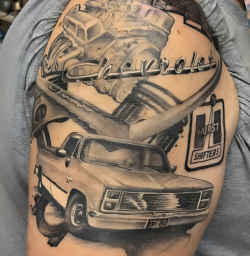 Black and grey Chevrolet car tattoo with realistic detailing and Hurst Shifters logo, created by Bullet’s Ink in Mt Airy, Maryland.