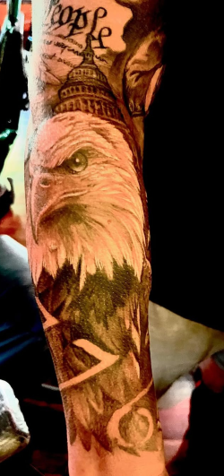 Patriotic bald eagle and U.S. Capitol forearm tattoo created by Bullet’s Ink tattoo artists in Mt Airy, Maryland.