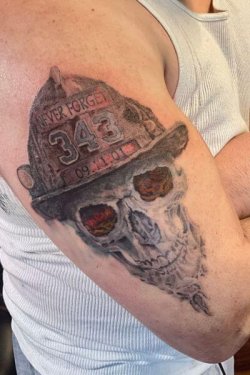9/11 memorial skull tattoo by Robyn Hardman at Bullet’s Ink in Mt. Airy, MD