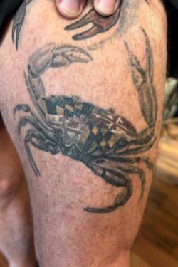 Geometric crab tattoo by Robyn Hardman at Bullet’s Ink