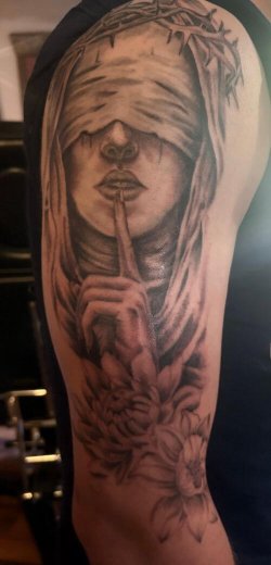 Mother Mary sleeve tattoo by Robyn Hardman at Bullet’s Ink