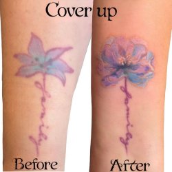 Watercolor flower cover up tattoo before and after by Robyn Hardman at Bullet’s Ink in Mt. Airy, MD